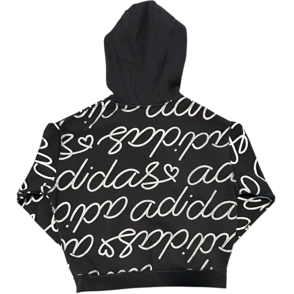 Adidas | Girls' Allover Print Foil Fleece Silver on Black Hoodie | Size 14 | EUC